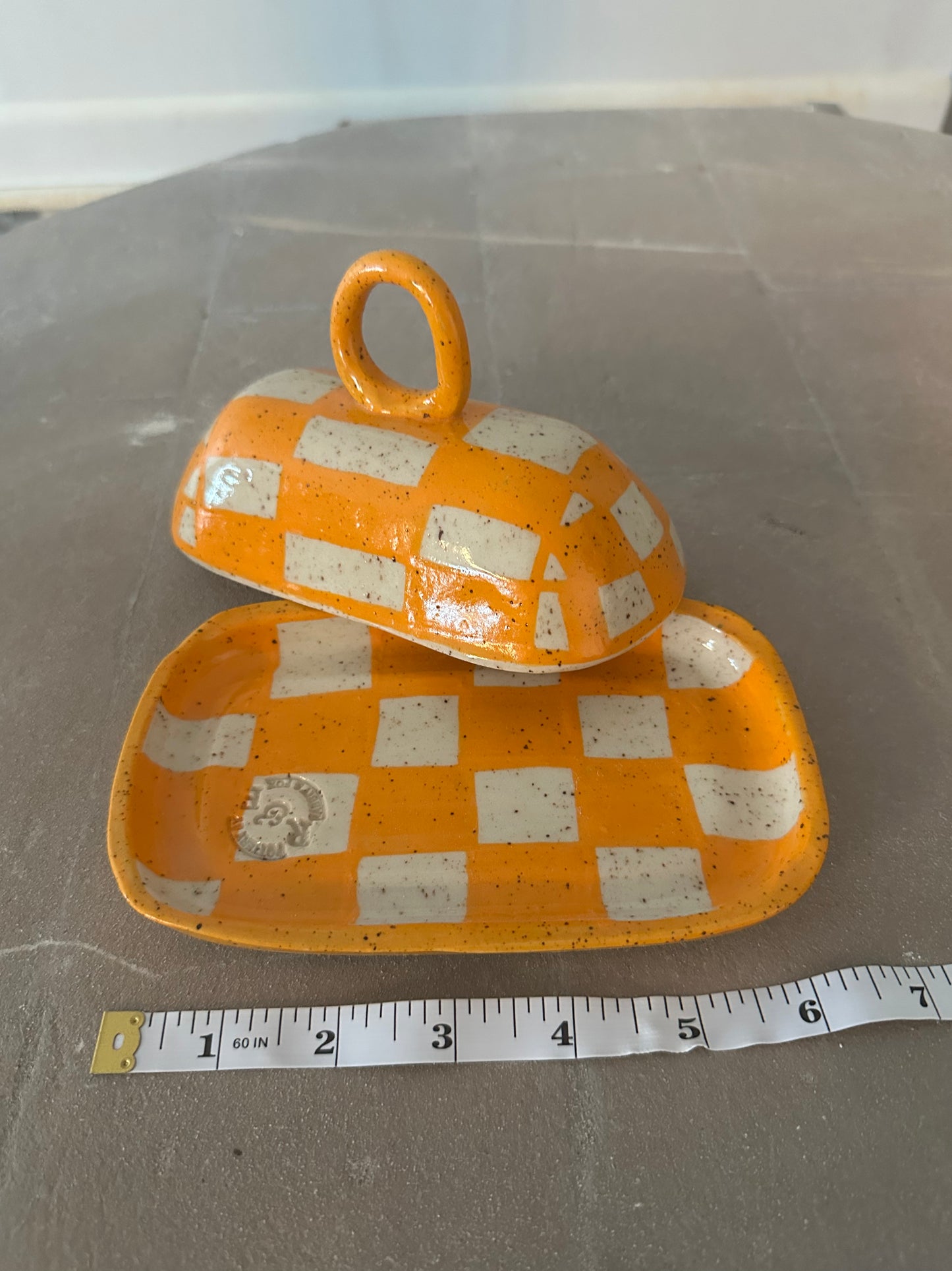 Checkerboard Orange Butter Dish