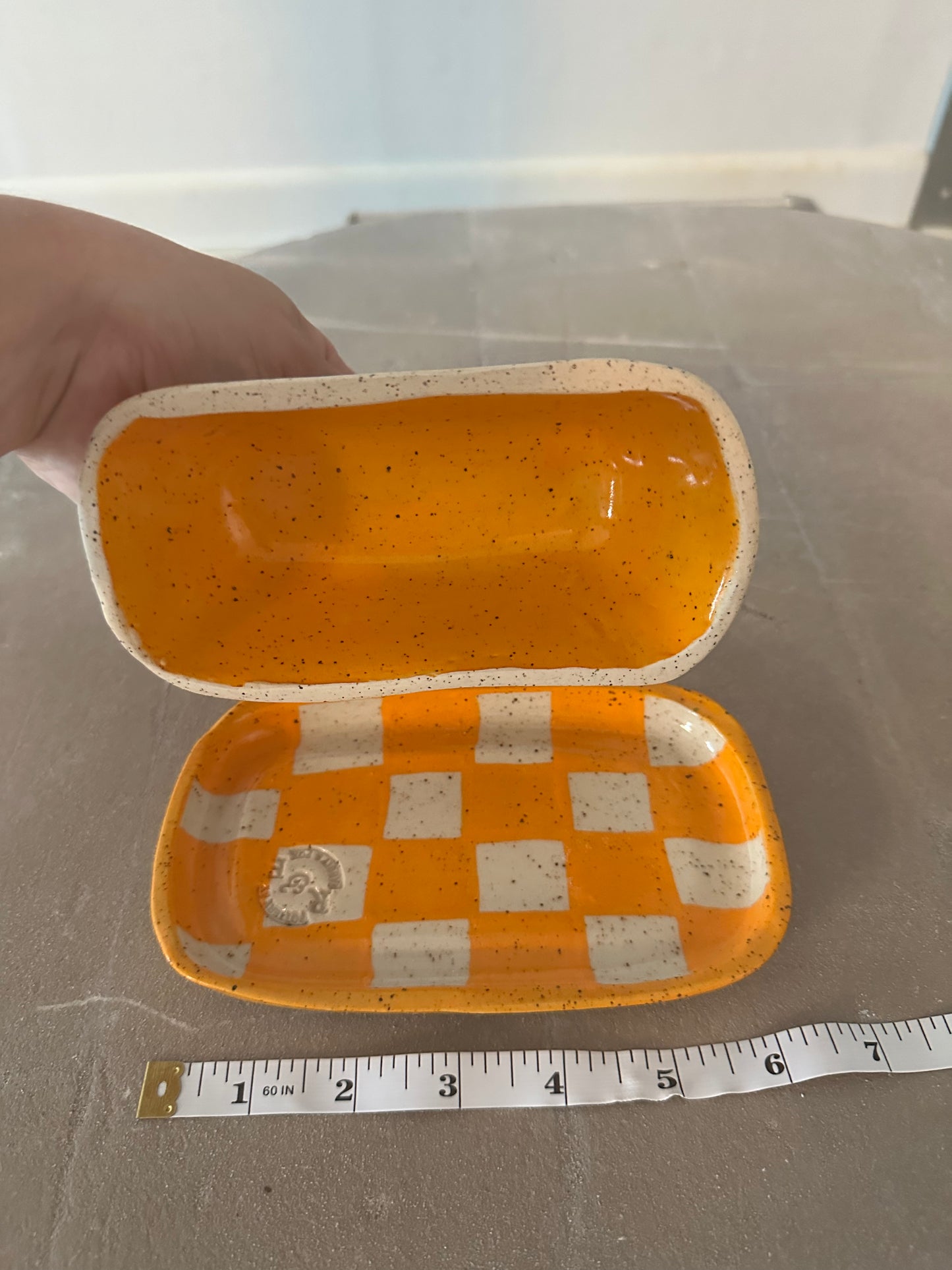 Checkerboard Orange Butter Dish