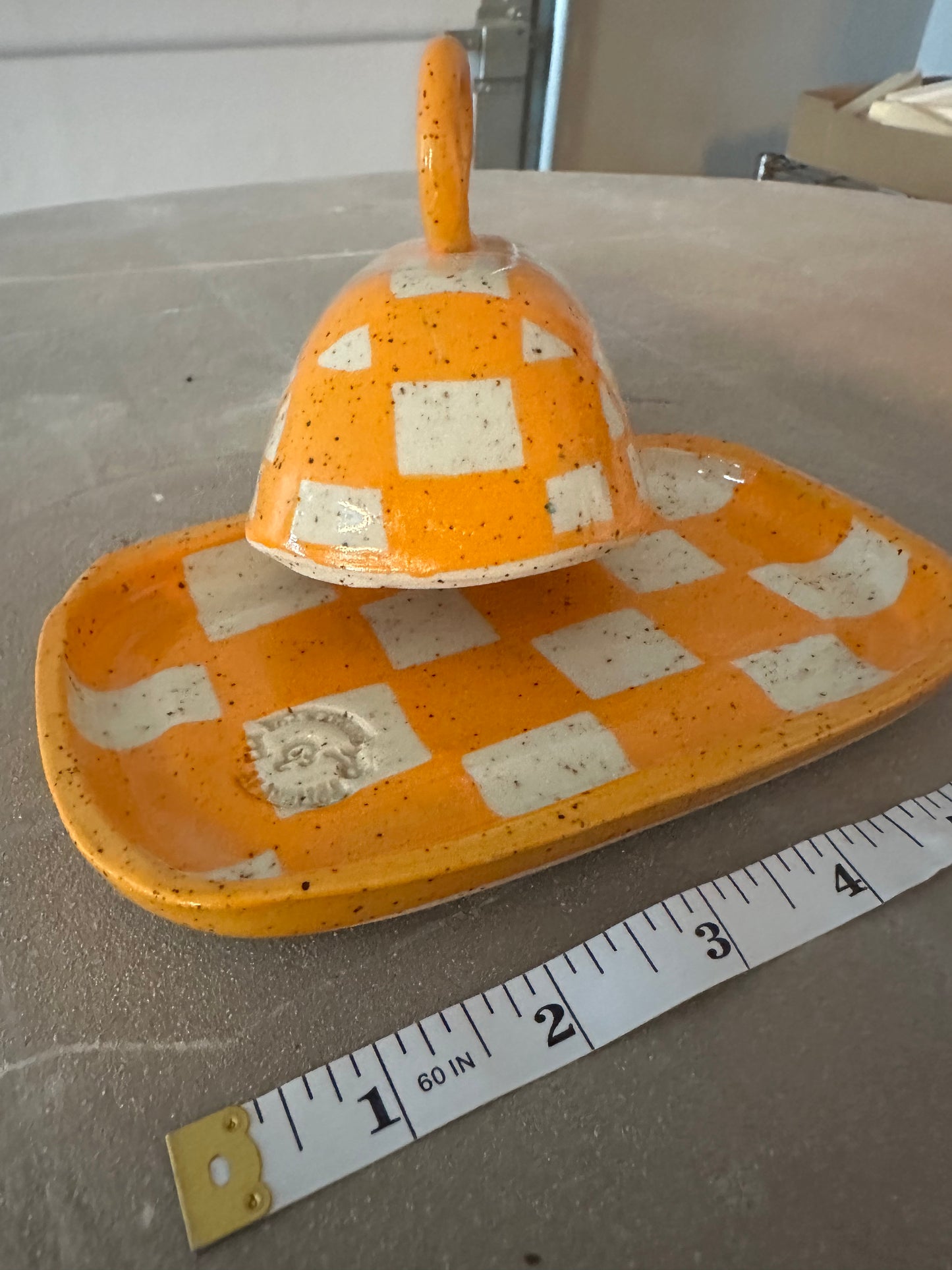 Checkerboard Orange Butter Dish