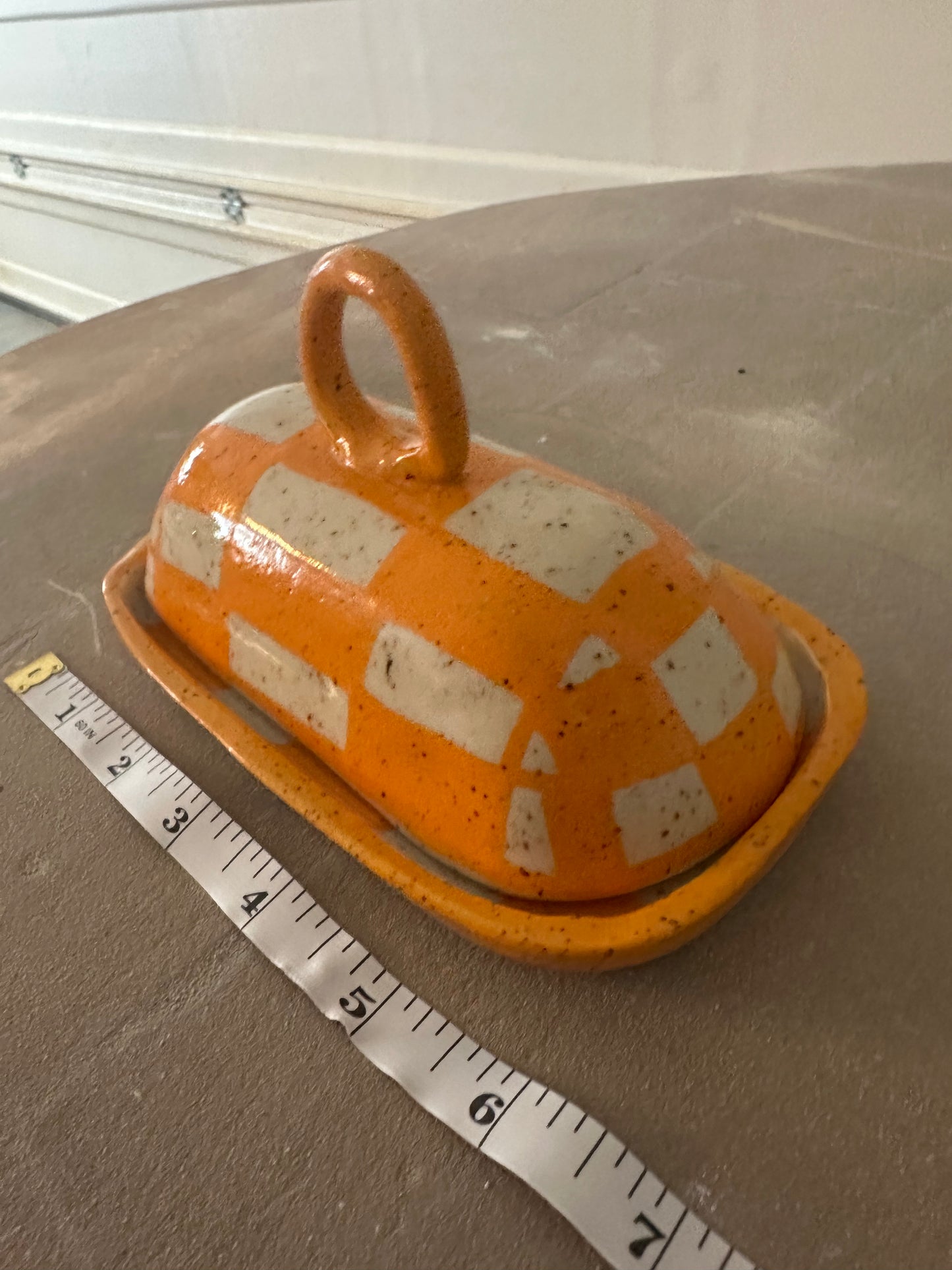 Checkerboard Orange Butter Dish