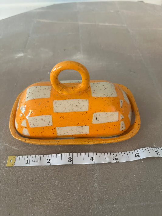 Checkerboard Orange Butter Dish